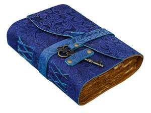 Journal artisanal en cuir bleu à motifs floraux, format A5, papier coton vintage à bords festonnés pour l'écriture, le dessin et les cadeaux - Product Image 3