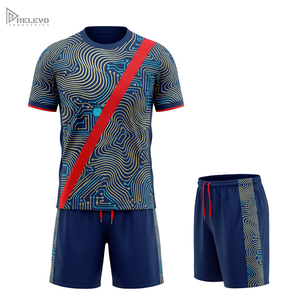 Conjunto de Uniforme de Fútbol Personalizado por Sublimación, 100% Poliéster, con Cuello y Cinta Circundante, Camiseta y Pantalones Cortos para Hombre, Franja Diagonal Azul Marino y Roja - Product Image 1