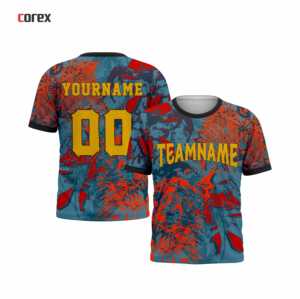 T-shirt de sport pour homme Corex, imprimé par sublimation, manches courtes, col rond, séchage rapide, coupe classique, motif bleu, rouge, jaune - Product Image 3