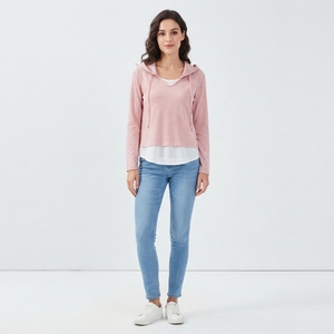 <b>Women</b>’s Pink Lightweight Hooded Sweatshirt <b>Long</b> Sleeve Casual Pullover <b>Hoodie</b> with Layered Hem Look - Product Image 1