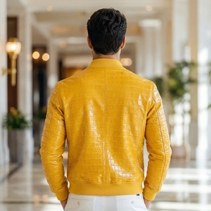 Blouson Bomber Homme en Cuir Gaufré Croco de Luxe LEATHER SPOT - Fermeture Éclair, Motif Écossais Imprimé, Décontracté d'Été - Product Image 3