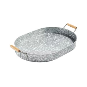 Set of 3 Galvanized Metal Serving <b>Trays</b> with Elegant Gold Handles <b>Round</b> Industrial Farmhouse Decorative <b>Tray</b> for Coffee <b>Table</b> - Product Image 4