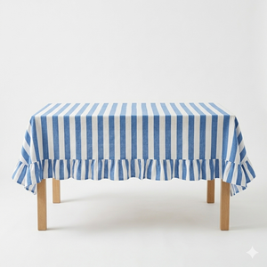 Hand Block Printed Cotton <b>Tablecloth</b>, Blue White Nautical Stripe, Ruffled Hem,<b>Tablecloth</b> Table Cover Linen Set - Product Image 3