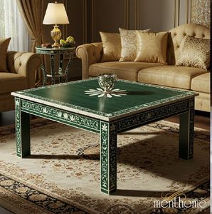Mesa de centro cuadrada grande con incrustaciones florales de hueso verde esmeralda y patas intrincadas, disponible a precios de mayorista. - Product Image 1