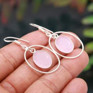 ต่างหูแคลซิโดนีสีชมพูเงินแท้ 925 อัญมณีธรรมชาติเครื่องประดับทำด้วยมือสำหรับผู้หญิงขายส่ง - Product Image 3