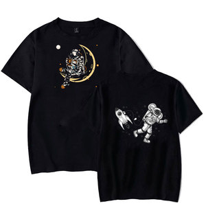 <b>Men's</b> Black Astronaut Front Printed T-Shirt Short Sleeve Casual O-Neck 100% Cotton Breathable Loose Fit Jersey Fabric - Product Image 1