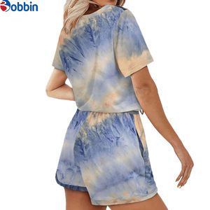 Conjunto de Verano para Mujer de Última Moda, Camiseta y Pantalones Cortos con Hombros Caídos, Estampado Tie Dye, Decoración de Encaje y Logotipo Personalizado - Product Image 5