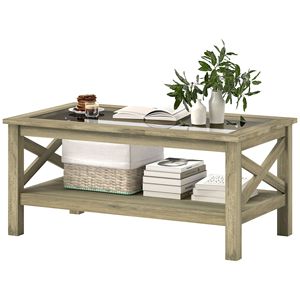 Tavolo da salotto grigio con struttura in legno e piano in vetro temperato sotto il ripiano di stoccaggio - Product Image 1