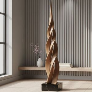 Sculpture de sol moderne en bois écologique faite à la main, statue d'art torsadée, centre de table abstrait géométrique multi-pièces marron pour - Product Image 1