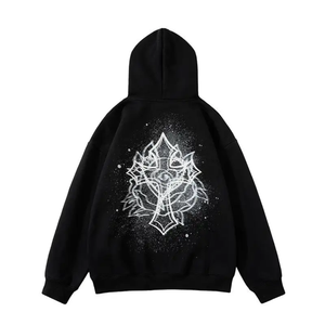Sweat-shirt en coton tricoté pour homme, style hip-hop, avec imprimé flamme blanche sur la poche avant, coupe oversize, couleur noire, pour l'automne - Product Image 2