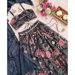 ÚLTIMO TRABAJO DE IMPRESIÓN DIGITAL GEORGETTE LEHENGA CHOLI CON DUPATTA AZUL MARINO - Product Image 2