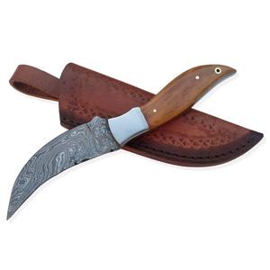 Couteau à lame fixe en acier Damas haut de gamme personnalisable, vente en gros OEM, avec étui en cuir et manche en bois pour usage extérieur - Product Image 4