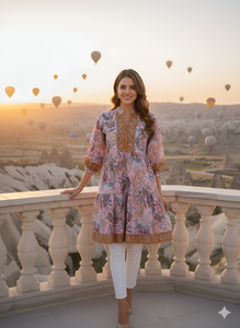 Tunique à imprimé floral pour femmes, rose, en polyester, design à plusieurs niveaux avec col mandarin, manches trois quarts, vêtement décontracté de style occidental - Product Image 1
