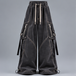 Men's Washed Wide Leg Cargo Pants Drawstring <b>Elastic</b> <b>Waist</b> Multi Pocket Streetwear <b>Trousers</b> - Product Image 1