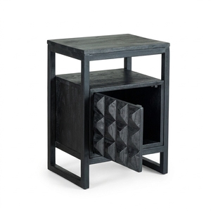 Dice Side Table Black Modern Wooden Storage <b>Drawer</b> Cabinet Organizer Featuring Geometric Diamond Pattern Carved Facade Metal Bas - Product Image 1