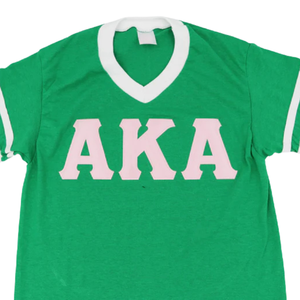 เสื้อยืด AKA Green Ringer แต่งขอบสีชมพู ปักตัวอักษรกรีก เสื้อยืดลำลองสำหรับผู้หญิง สีเขียวและสีชมพู - Product Image 4