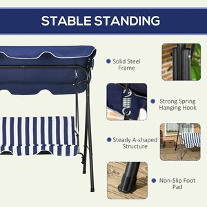 Dondolo da Esterno a 3 Posti con Tettuccio Inclinabile Regolabile, Cuscino Blu Scuro e Struttura in Acciaio per Portico e Giardino - Product Image 5