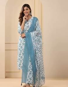 Conjunto de Kurti y Pantalón Recto con Estampado Floral Azul para Fiestas, con 2 Dupattas de 10 Metros con Estampado Digital, para Mayoristas en India - Product Image 1