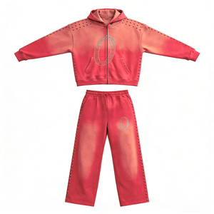 Ensemble de survêtements streetwear unisexe : pantalon de jogging et sweat à capuche zippé effet délavé à l'acide, personnalisé en coton avec strass, pour homme - Product Image 4