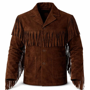 <b>Men's</b> Brown <b>Suede</b> Fringe <b>Jacket</b> Turn-down Collar Single Breasted Regular Sleeve Autumn Wear Solid Color Casual Style - Product Image 1
