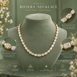 Collar Riviera con Diamantes Cultivados en Laboratorio con Engaste de Bisel |   Collar con Corte Ovalado de Esmeralda Mixta en Oro Sólido de 9K, 14K y 18K, Joyería Fina para Regalo - Product Image 5