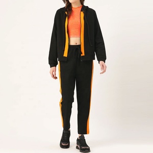 Custom Women <b>Zip</b> Up <b>Hooded</b> Jogger Set Two Piece Contrast Side Stripe Black Orange Jogger Set Manufacturer Wholesale - Product Image 1