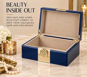 Navy Blue Glass Jewelry Storage Box with Gold Geometric Accent <b>Cream</b> Stripe Glossy Finish Soft Lining Decorative Organizer - Product Image 5