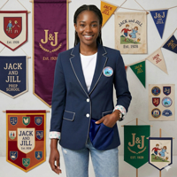 Jack & Jill 1938 Kadın Lacivert Pembe Blazer, Süblimasyon Baskılı Marka Astarı, Arma Yaması, Cepli, Tek Düğmeli Kapatma