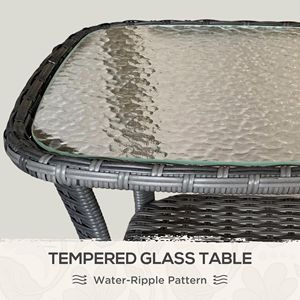 Tavolino grigio da esterno con piano in vetro a increspatura d'acqua e ripiano di stoccaggio in vimini tessuto a mano - Product Image 4