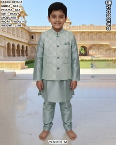 Traditional Silk <b>Boys</b> Wedding Party Floor-Length <b>Kurta</b> Pajama Set - Product Image 5