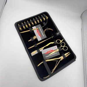 Kit de herramientas para extensiones de cabello con color plasma dorado, precio al por mayor, incluye pinzas, clips metálicos y otras herramientas esenciales para el cabello con logo. - Product Image 1