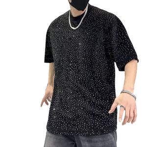 Camisetas personalizables con gráficos de diamantes de imitación, camisetas oversize con logo de marca personalizado, camisetas streetwear con hombros caídos para hombre. - Product Image 1