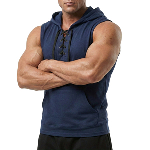 Débardeur à capuche sans manches pour homme, personnalisé OEM, avec laçage frontal, en coton premium, pour l'entraînement, avec poche kangourou - Product Image 5