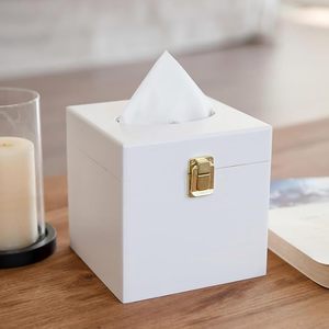 White Wooden Tissue Box Cover Square Facial Tissue Holder with Gold Metal <b>Latch</b> <b>Lock</b> Decorative Napkin Dispenser Case Organizer - Product Image 1