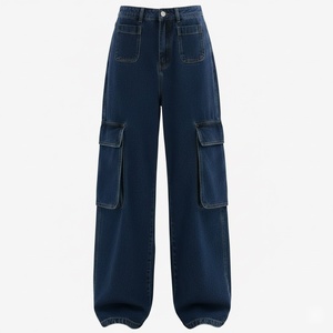 Pantalon cargo en denim taille haute, délavé moyen, écologique, respirant, avec grandes poches, coupe ample, longueur intégrale, couleur unie, fermeture boutonnée - Product Image 1