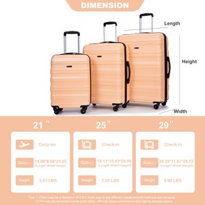 Set di bagagli leggeri espandibili in 3 pezzi valigia per PC resistente con ruote Spinner e lucchetto (21/25/29) Color pesca - Product Image 3