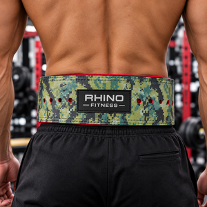 Cinturón de Levantamiento de Pesas Rhino Fitness de Cuero con Camuflaje, Soporte Lumbar Ajustable Envolvente, Protección Básica, Forro Rojo, para Adultos - Product Image 5