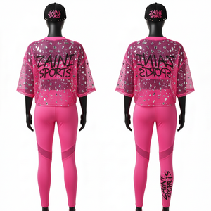 Conjunto de Camiseta y Leggings Premium para Mujer, Malla Transpirable de Poliéster y Spandex, 120 GSM, Panel Superior y Leggings con Logotipo Personalizado - Product Image 2