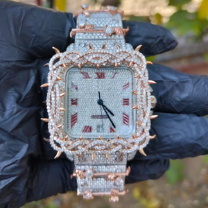 Reloj con Bisel de Espinas, Plateado y Oro Rosa, Números Romanos, Cuadrado, Automático, Estilo Hip Hop de Lujo para Hombre, con Incrustaciones de Moissanita - Product Image 1