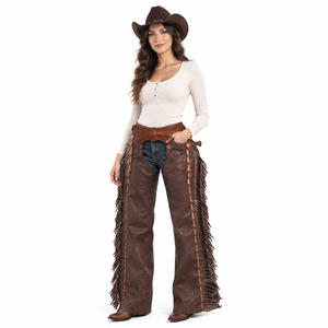 Guantes de cuero marrón estilo western |   Pantalones de montar de cuero genuino con parte superior con adornos florales, cordones en contraste y flecos exteriores largos - Product Image 1