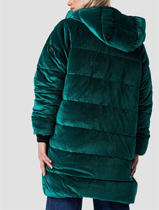 <b>Women's</b> Green <b>Velvet</b> Quilted Hooded Puffer Jacket Long Zip Up Thick Winter <b>Coats</b> - Product Image 4