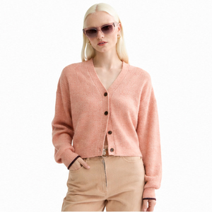 Women's Pink V-Neck <b>Cardigan</b> Full Sleeve Crop Length Solid Color Button Closure Minimalist Style Autumn Wear <b>Cardigans</b> <b>Sweaters</b> - Product Image 3