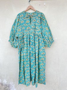 Boho Style Floral Block Print Viscose Midi <b>Dress</b> With Tie Neck Puff Sleeve <b>Loose</b> Fit Summer Casual <b>Dress</b> For Women - Product Image 1