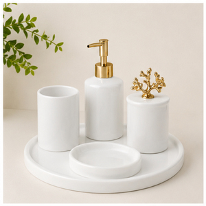 Modern Luxury White Marble Bathroom Accessory Set with Gold Accents Soap Dispenser <b>Toothbrush</b> <b>Holder</b> Tray and Lidded Storage Jar - Product Image 3
