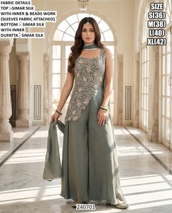 Traje Salwar de Seda Gris Bordado con Cuentas, Largo hasta el Suelo, Conjunto Tradicional de Fiesta para Mujer, Dupatta Bhandhani de Secado Rápido - Product Image 1