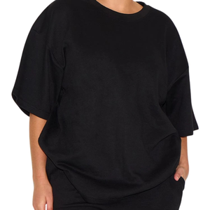 Women's Black Oversized <b>Crop</b> <b>Top</b> Drop Shoulder Loose Fit Crew Neck Knitted Solid Color Short Sleeve T-Shirt All Seasons - Product Image 5