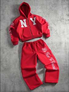 ชุดเซ็ต 2 ชิ้น เสื้อฮู้ดดี้แบบซิปหน้าพิมพ์ลายตัวอักษร น้ำหนักเบา ระบายอากาศได้ดี ตกแต่งด้วยลายปัก พร้อมกางเกงวอร์มเอวผูกเชือก ไซส์พลัสสำหรับทุกเพศ - Product Image 2