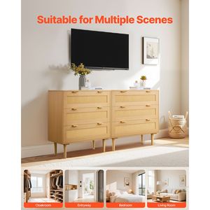 Commode moderne à 3 tiroirs en rotin pour chambre de style farmhouse, commode en rotin naturel avec poignées métalliques et pieds en bois - Product Image 4