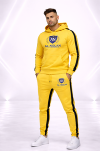 Ensemble de survêtement jaune pour homme, sweat à capuche et pantalon de jogging, logo personnalisé, vêtements de sport, rayures noires, streetwear, vente en gros - Product Image 3