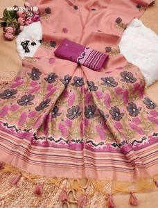 Hermoso Sari de Seda con Tejido Resham, Estampado Floral en Toda la Prenda y Borde con Pallu Floral Tejido con Meena, Proveedor Indio - Product Image 5